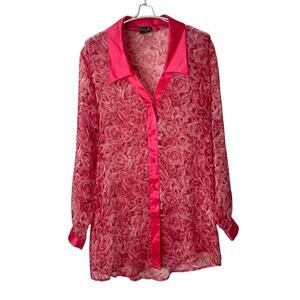 Vintage Magic Silk Sheer Rose Oversized Button Up Blouse Shirt Size Medium